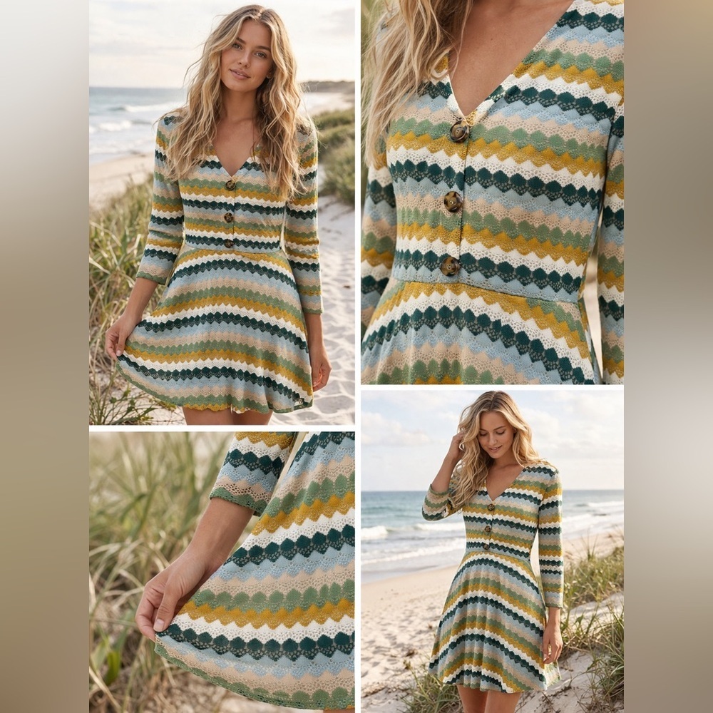 Alya Chevron Knit V‑Neck Dress in Green, Mustard & Cream